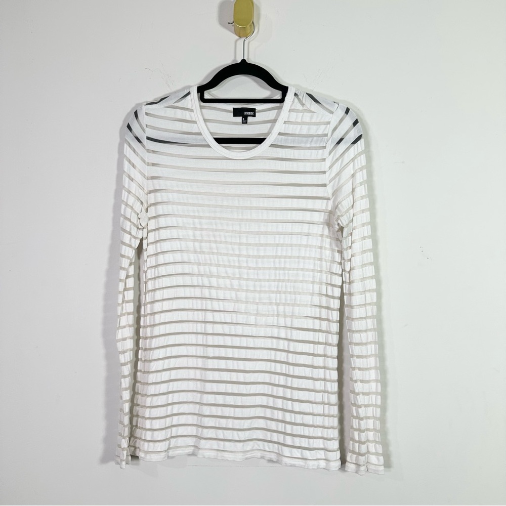 Wilfred Free Aritzia White Sheer Striped Long Sleeve Crewneck Tee Shirt